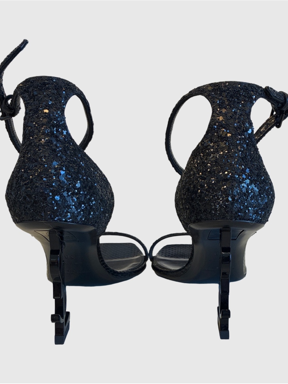 Saint Laurent Black Glitter Logo-Heel Ankle-Strap Sandals sz38 NIB $399 - Picture 2 of 4